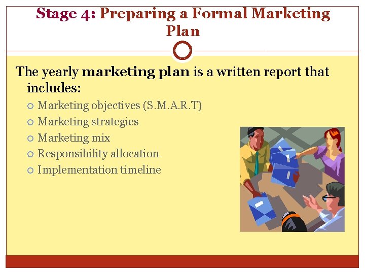 Stage 4: Preparing a Formal Marketing Plan The yearly marketing plan is a written