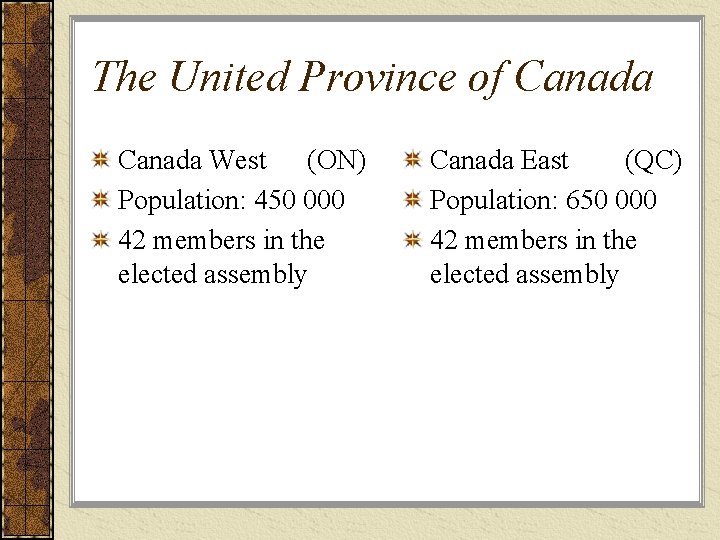 The United Province of Canada West (ON) Population: 450 000 42 members in the