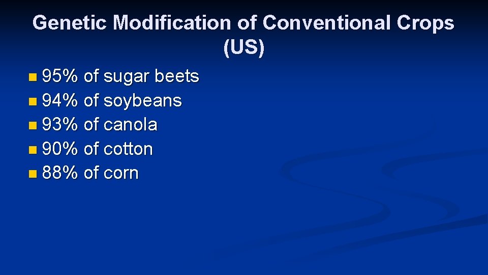 Genetic Modification of Conventional Crops (US) n 95% of sugar beets n 94% of