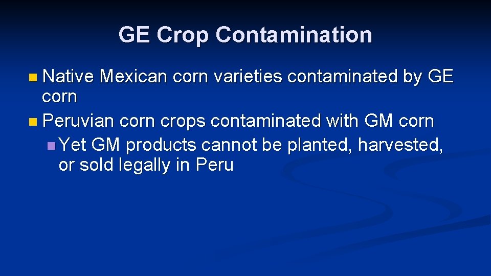 GE Crop Contamination n Native Mexican corn varieties contaminated by GE corn n Peruvian