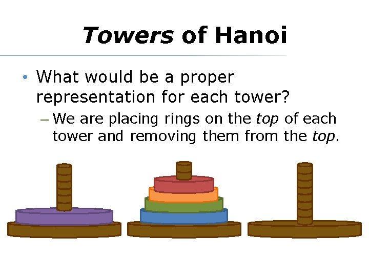 Towers of Hanoi • What would be a proper representation for each tower? –