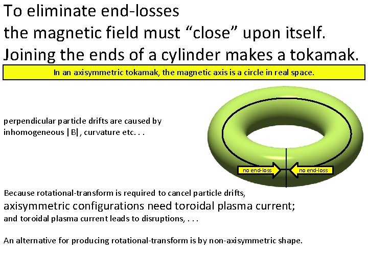 To eliminate end-losses the magnetic field must “close” upon itself. Joining the ends of