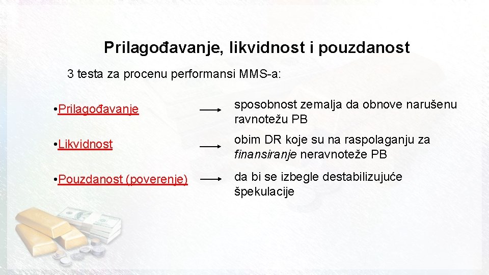 Prilagođavanje, likvidnost i pouzdanost 3 testa za procenu performansi MMS-a: • Prilagođavanje sposobnost zemalja