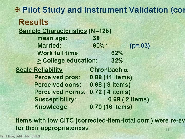 X Pilot Study and Instrument Validation (con Results Sample Characteristics (N=125) mean age: 38