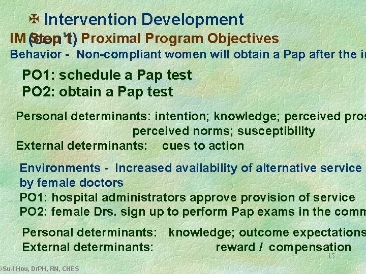 X Intervention Development IM (con’t) Step 1: Proximal Program Objectives Behavior - Non-compliant women
