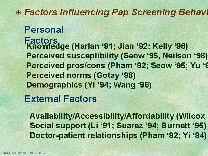 X Factors Influencing Pap Screening Behavi Personal Factors Knowledge (Harlan ‘ 91; Jian ‘