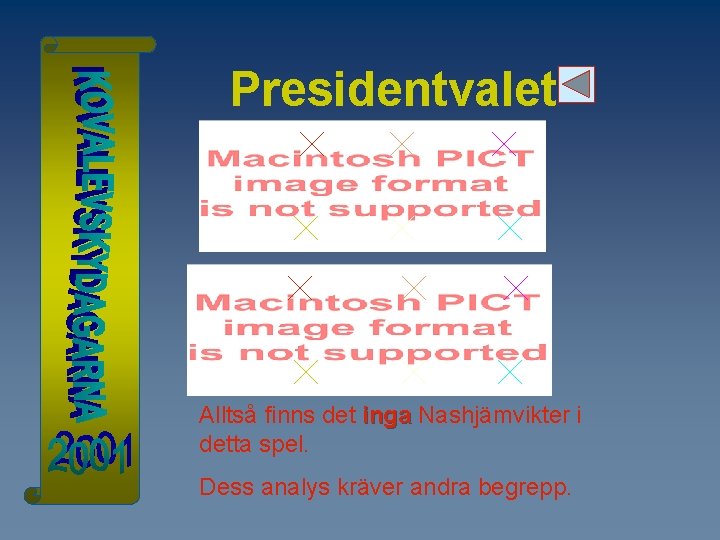 Presidentvalet Alltså finns det inga Nashjämvikter i detta spel. Dess analys kräver andra begrepp.