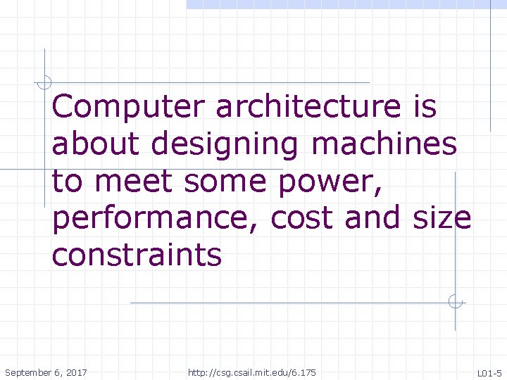 Computer architecture is about designing machines to meet some power, performance, cost and size