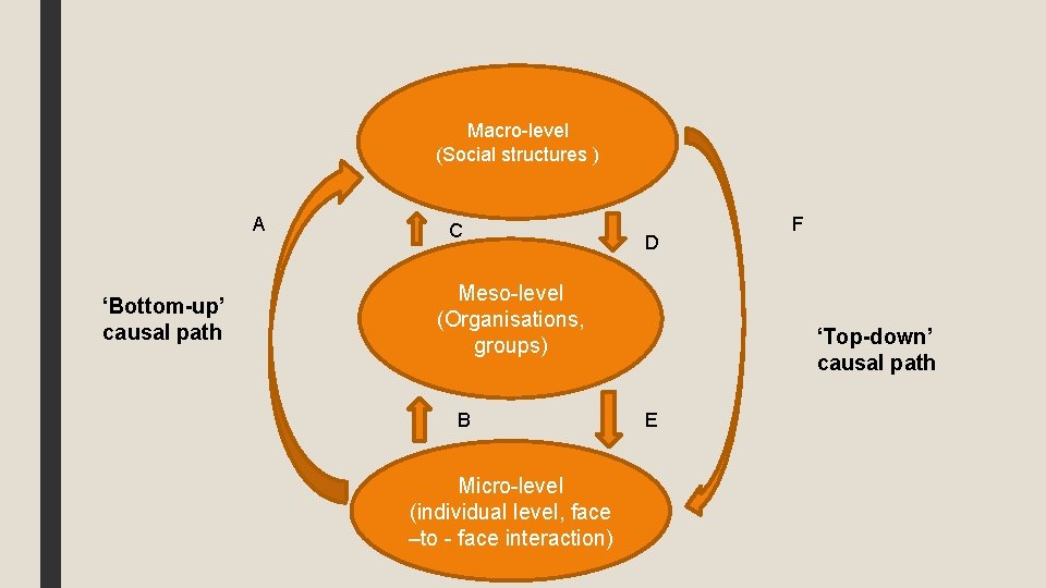 Macro-level (Social structures ) A ‘Bottom-up’ causal path C D Meso-level (Organisations, groups) B