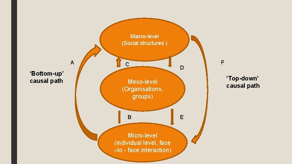 Macro-level (Social structures ) A ‘Bottom-up’ causal path C D ‘Top-down’ causal path Meso-level