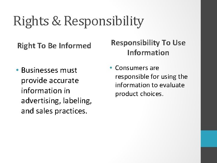 Rights & Responsibility Right To Be Informed Responsibility To Use Information • Businesses must