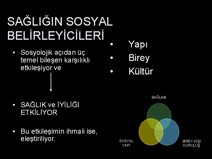 SAĞLIĞIN SOSYAL BELİRLEYİCİLERİ • Sosyolojik açıdan üç temel bileşen karşılıklı etkileşiyor ve • •