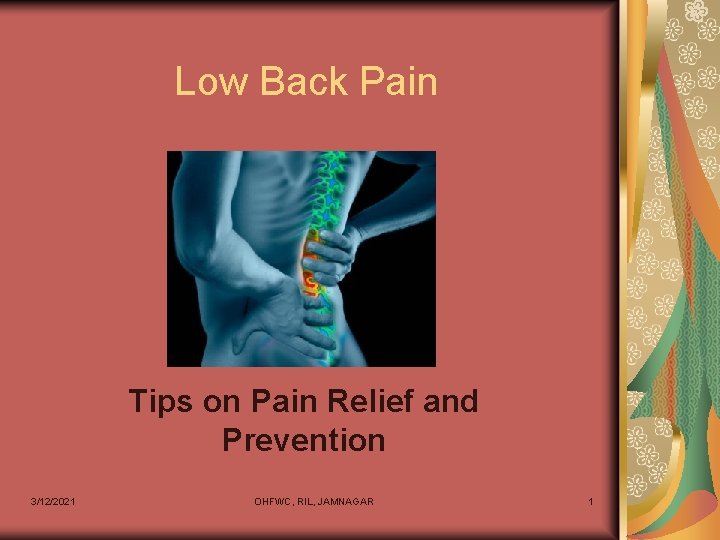 Low Back Pain Tips on Pain Relief and Prevention 3/12/2021 OHFWC, RIL, JAMNAGAR 1