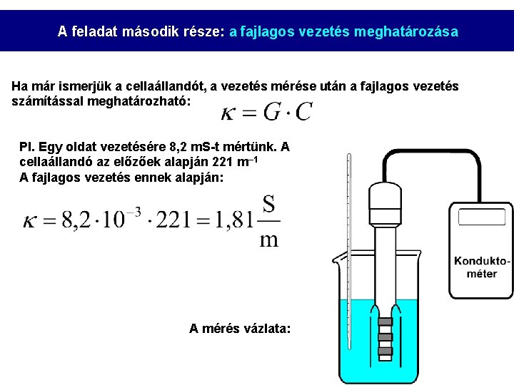 A feladat második része: a fajlagos vezetés meghatározása Ha már ismerjük a cellaállandót, a