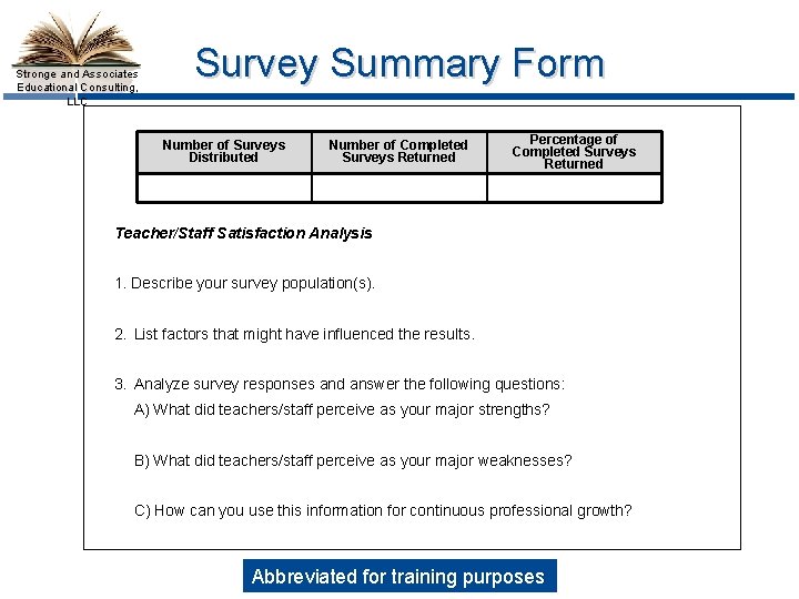 Survey Summary Form Stronge and Associates Educational Consulting, LLC Number of Surveys Distributed Number