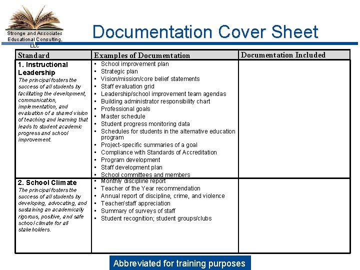 Stronge and Associates Educational Consulting, LLC Standard Documentation Cover Sheet Examples of Documentation 1.