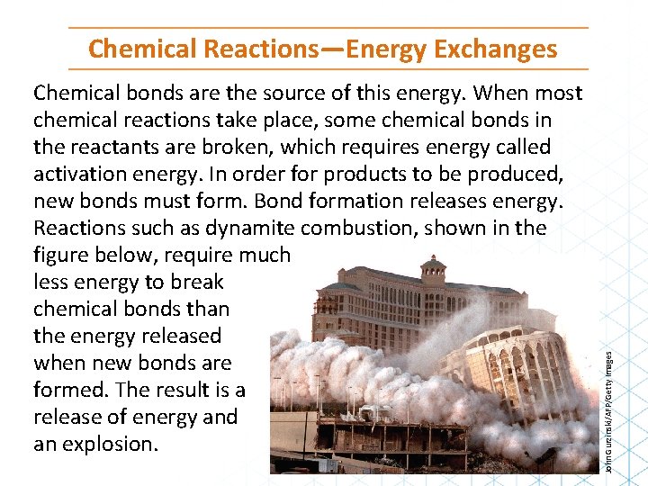 Chemical bonds are the source of this energy. When most chemical reactions take place,