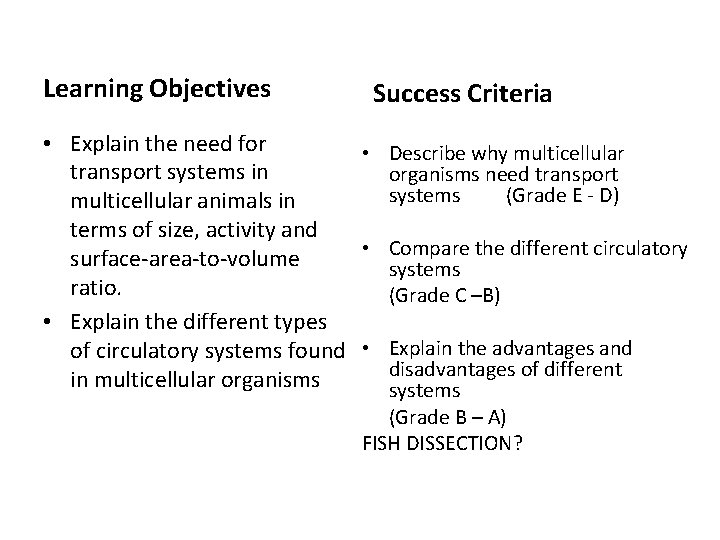 Learning Objectives Success Criteria • Explain the need for • Describe why multicellular transport