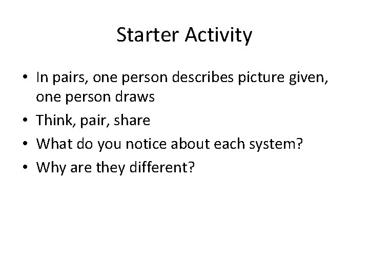 Starter Activity • In pairs, one person describes picture given, one person draws •