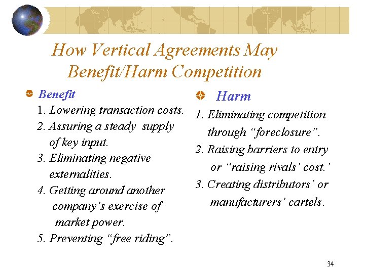 How Vertical Agreements May Benefit/Harm Competition Benefit Harm 1. Lowering transaction costs. 1. Eliminating