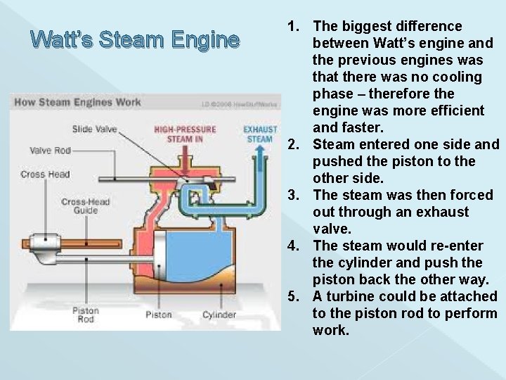 Watt’s Steam Engine 1. The biggest difference between Watt’s engine and the previous engines