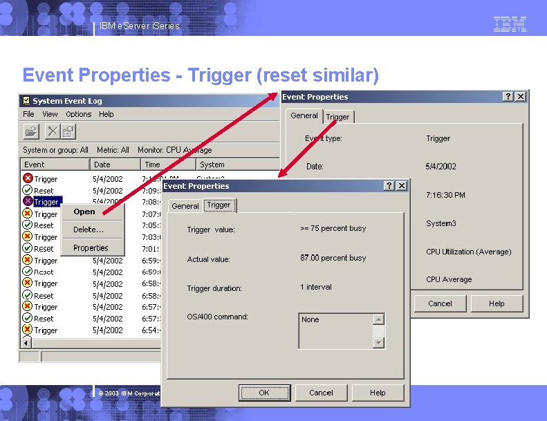 IBM e. Server i. Series Event Properties - Trigger (reset similar) © 2003 IBM IBM e. Server i. Series Event Properties - Trigger (reset similar) © 2003 IBM