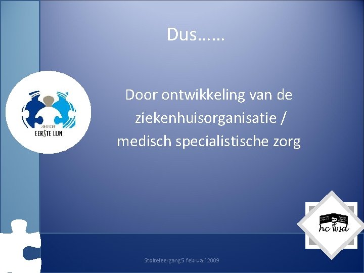 Dus…… Door ontwikkeling van de ziekenhuisorganisatie / medisch specialistische zorg Stolteleergang 5 februari 2009