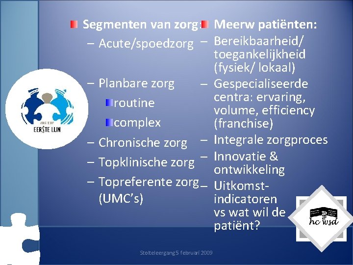 Segmenten van zorg: Meerw patiënten: – Acute/spoedzorg – Bereikbaarheid/ toegankelijkheid (fysiek/ lokaal) – Planbare