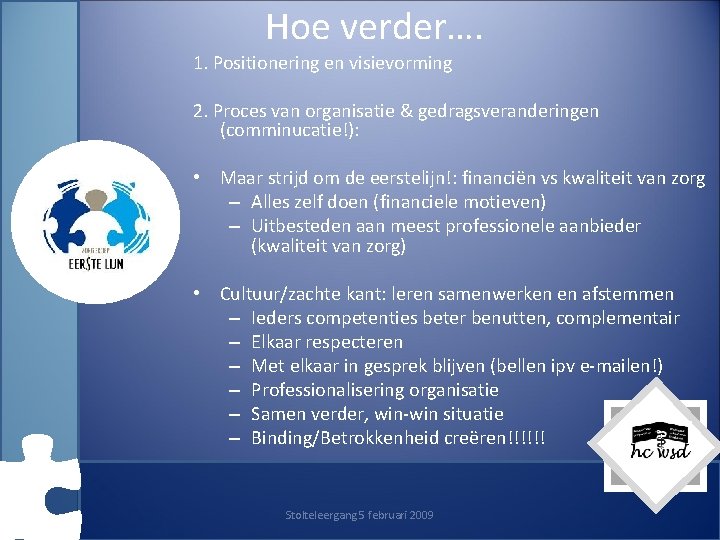 Hoe verder…. 1. Positionering en visievorming 2. Proces van organisatie & gedragsveranderingen (comminucatie!): •