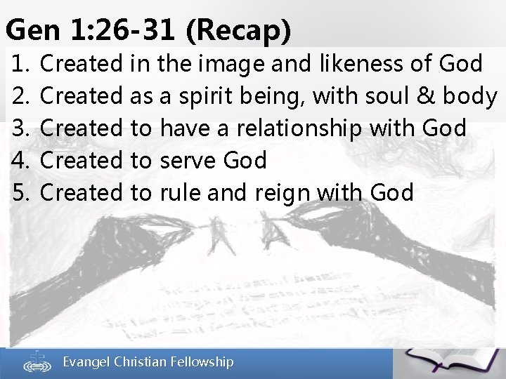 Gen 1: 26 -31 (Recap) 1. 2. 3. 4. 5. Created in the image