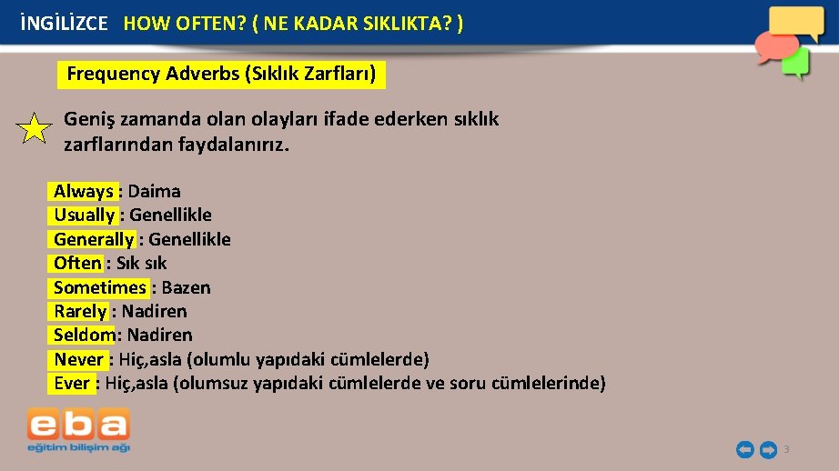 İNGİLİZCE HOW OFTEN? ( NE KADAR SIKLIKTA? ) Frequency Adverbs (Sıklık Zarfları) Geniş zamanda