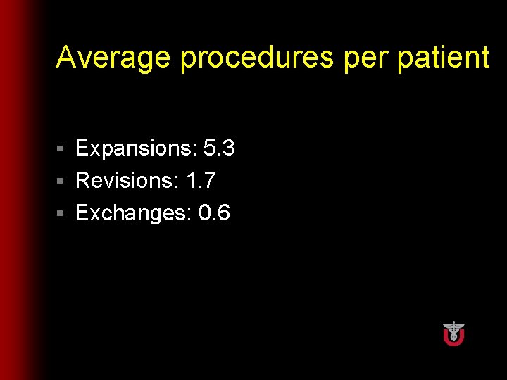 Average procedures per patient Expansions: 5. 3 § Revisions: 1. 7 § Exchanges: 0.