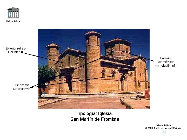 Claseshistoria Exterior reflejo Del interior Formas Geométricas (inmutabilidad) Luz escasa No uniforme Tipología: Iglesia.