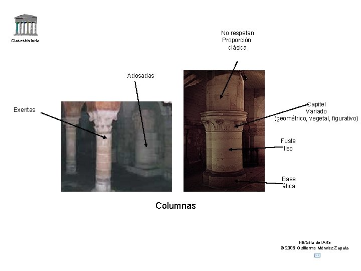 No respetan Proporción clásica Claseshistoria Adosadas Capitel Variado (geométrico, vegetal, figurativo) Exentas Fuste liso