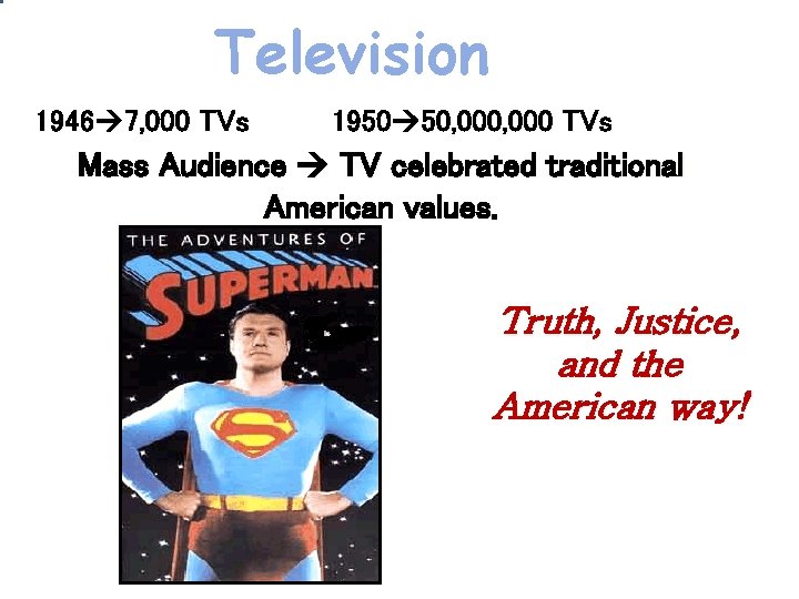 Television 1946 7, 000 TVs 1950 50, 000 TVs Mass Audience TV celebrated traditional Television 1946 7, 000 TVs 1950 50, 000 TVs Mass Audience TV celebrated traditional