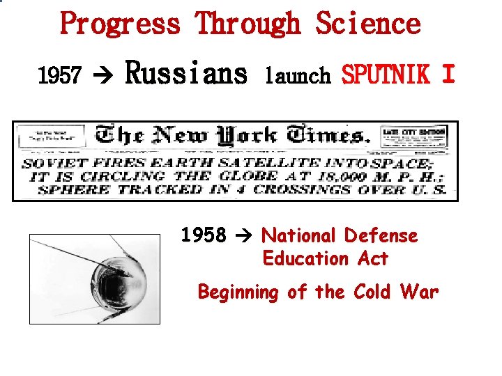 Progress Through Science 1957 Russians launch SPUTNIK I 1958 National Defense Education Act Beginning Progress Through Science 1957 Russians launch SPUTNIK I 1958 National Defense Education Act Beginning