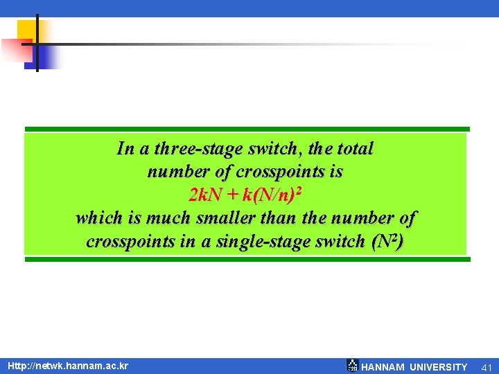 In a three-stage switch, the total number of crosspoints is 2 k. N +