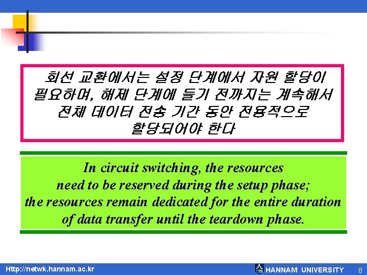 회선 교환에서는 설정 단계에서 자원 할당이 필요하며, 해제 단계에 들기 전까지는 계속해서 전체 데이터