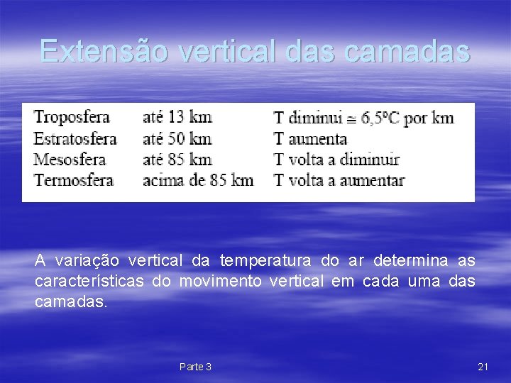 Extensão vertical das camadas A variação vertical da temperatura do ar determina as características