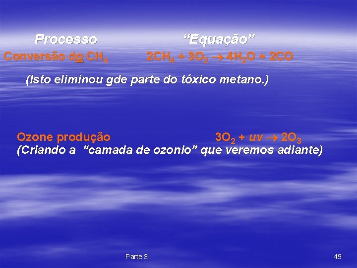 Processo Conversão do CH 4 “Equação” 2 CH 4 + 3 O 2 4