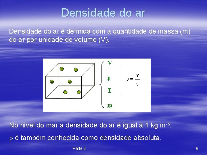 Densidade do ar é definida com a quantidade de massa (m) do ar por