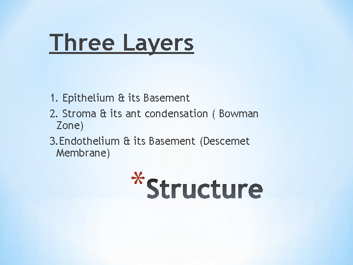 Three Layers 1. Epithelium & its Basement 2. Stroma & its ant condensation (