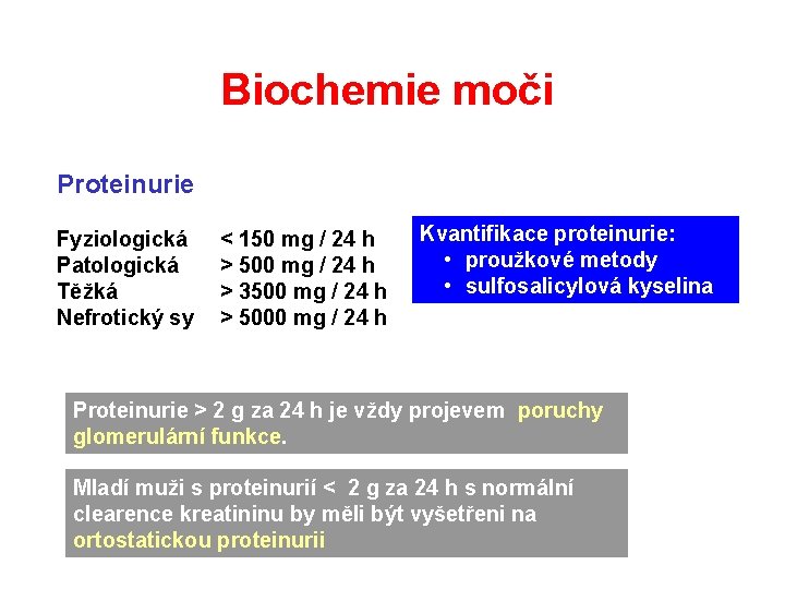 Biochemie moči Proteinurie Fyziologická Patologická Těžká Nefrotický sy < 150 mg / 24 h Biochemie moči Proteinurie Fyziologická Patologická Těžká Nefrotický sy < 150 mg / 24 h