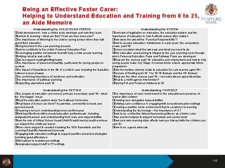 Being an Effective Foster Carer: Helping to Understand Education and Training from 0 to