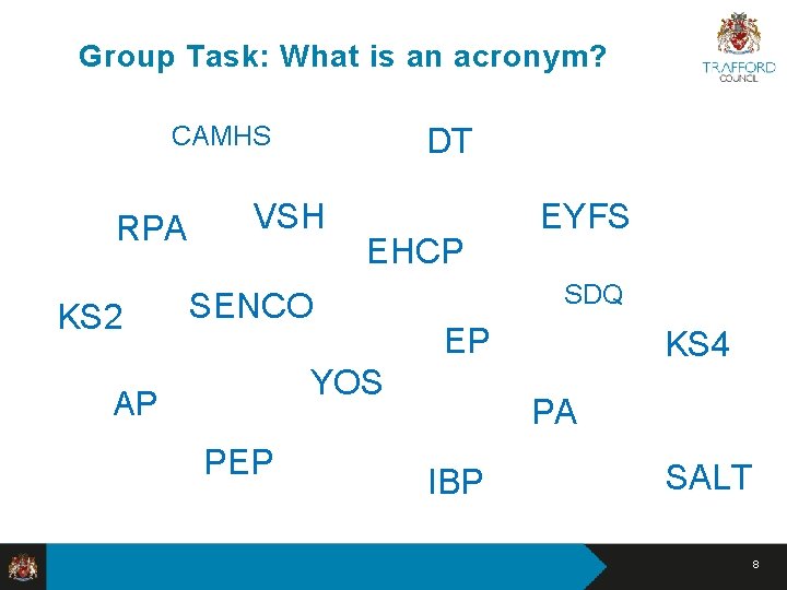 Group Task: What is an acronym? CAMHS RPA KS 2 DT VSH EHCP SENCO