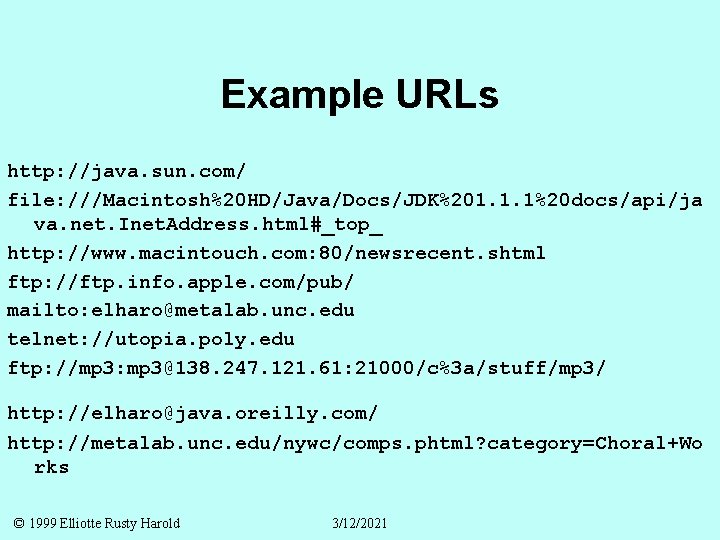 Example URLs http: //java. sun. com/ file: ///Macintosh%20 HD/Java/Docs/JDK%201. 1. 1%20 docs/api/ja va. net.