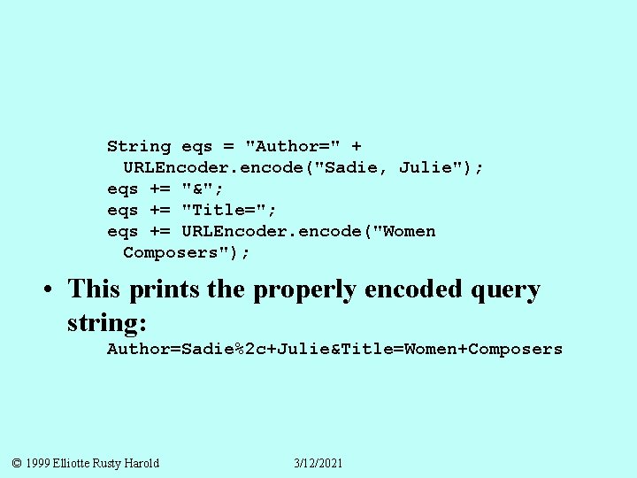 String eqs = "Author=" + URLEncoder. encode("Sadie, Julie"); eqs += "&"; eqs += "Title=";