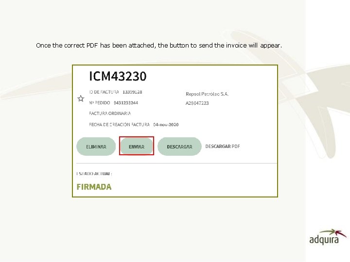 Once the correct PDF has been attached, the button to send the invoice will
