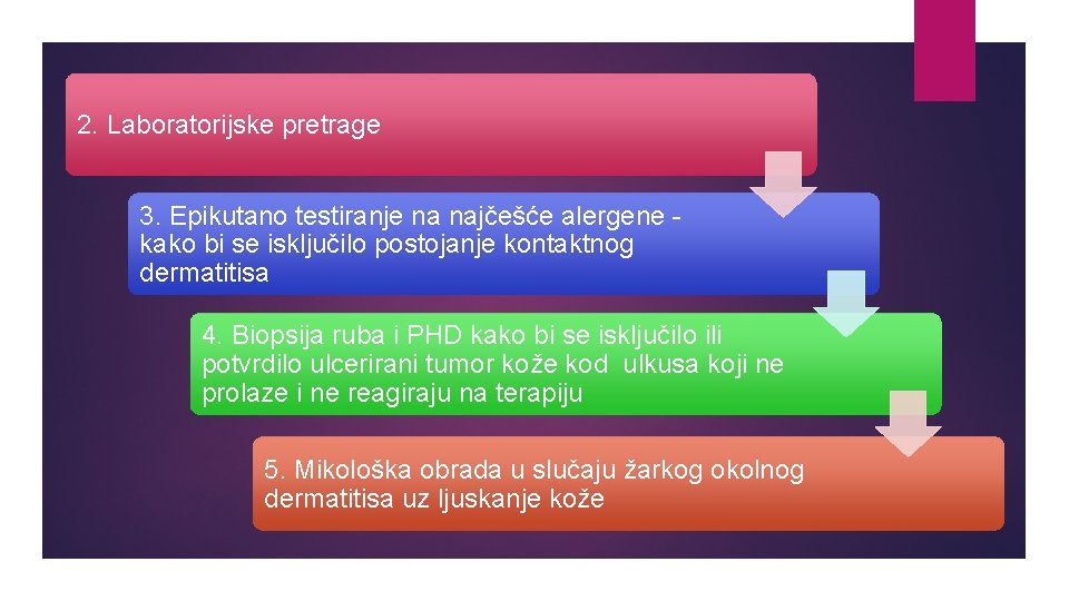 2. Laboratorijske pretrage 3. Epikutano testiranje na najčešće alergene kako bi se isključilo postojanje