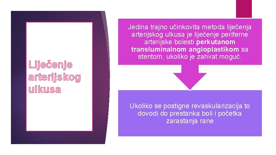 Liječenje arterijskog ulkusa Jedina trajno učinkovita metoda liječenja arterijskog ulkusa je liječenje periferne arterijske